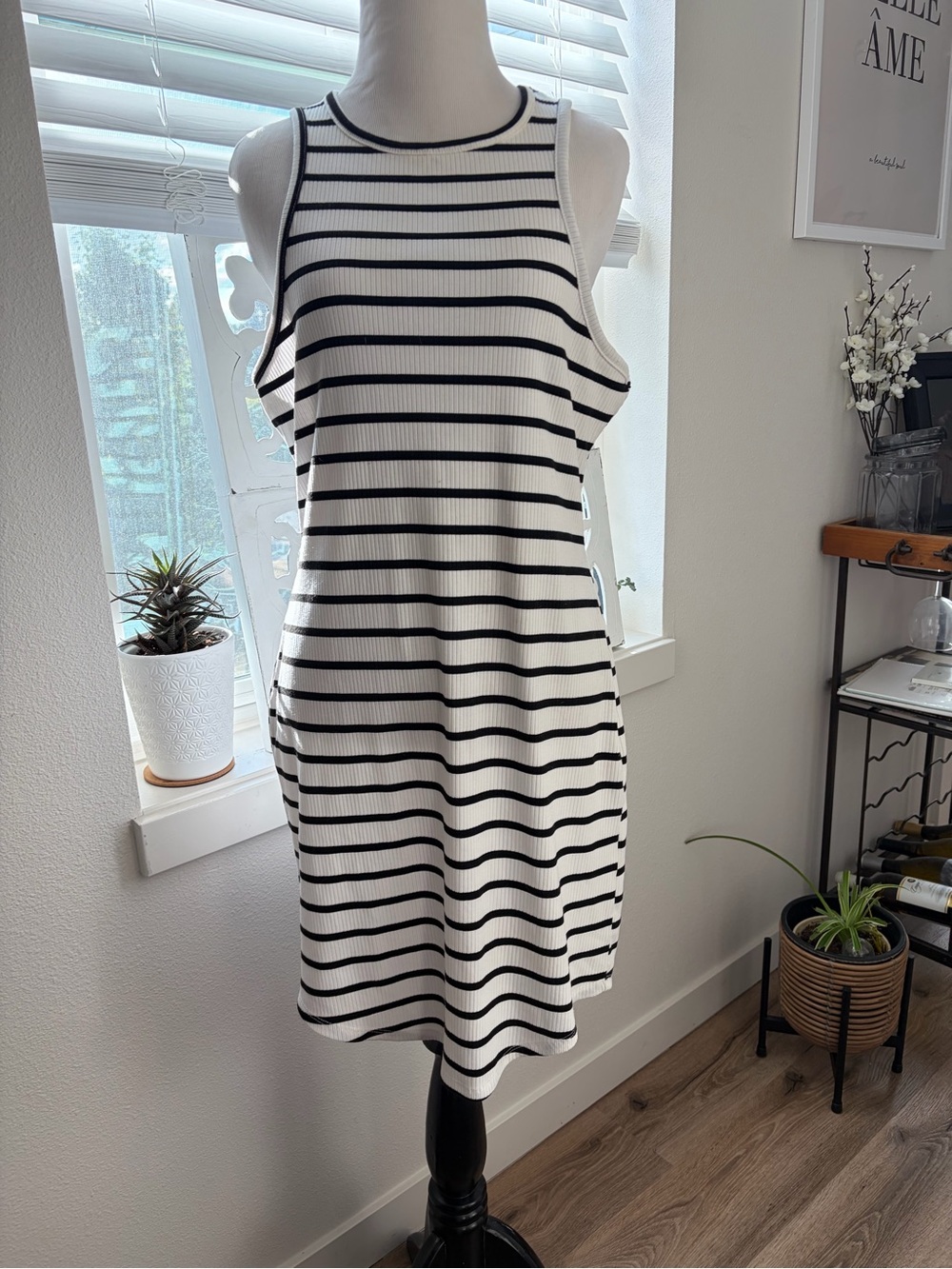Derek Heart White and Black Striped Sleeveless Midi Dress